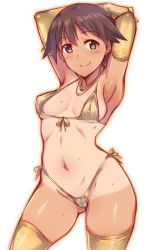 Rule 34 | 1girl, armpits, arms behind head, arms up, bikini, brown bikini, brown eyes, brown gloves, brown hair, brown thighhighs, closed mouth, commentary, earrings, elbow gloves, em (totsuzen no hakike), gloves, hair flaps, highleg, highleg bikini, jewelry, looking at viewer, medium hair, miyafuji yoshika, navel, necklace, one-piece tan, short hair, side-tie bikini bottom, smile, solo, standing, strike witches, string bikini, sweat, swimsuit, tan, tanline, thighhighs, world witches series