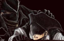 Rule 34 | 1boy, 1girl, artist name, bad id, bad twitter id, black hair, blindfold, blood, blood on face, bloodborne, blood on clothes, chain, clenched hand, clenched teeth, hand on another&#039;s head, hat, highres, hunter (bloodborne), mask, mouth mask, simple background, takigi (takigi-bf), teeth, yurie the last scholar