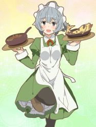 Rule 34 | 1girl, :d, black legwear, blush, brown footwear, dress, dungeon ni deai wo motomeru no wa machigatteiru darou ka, fish, food, gradient background, green background, green dress, grey hair, highres, holding, holding tray, juliet sleeves, long sleeves, looking at viewer, maid headdress, nicolanicconico, open mouth, orange background, ponytail, puffy sleeves, red ribbon, ribbon, simple background, smile, solo, soup, spoon, standing, standing on one leg, syr flover, tray, waitress