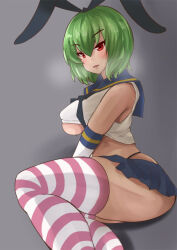Rule 34 | 1girl, black hairband, black panties, blue skirt, breasts, commentary request, cosplay, crop top, elbow gloves, gloves, green hair, grey background, hairband, highleg, highleg panties, kantai collection, kazami yuuka, large breasts, looking at viewer, microskirt, panties, red eyes, red thighhighs, sannomiya mirai, shimakaze (kancolle), shimakaze (kancolle) (cosplay), short hair, skirt, solo, striped clothes, striped thighhighs, thighhighs, touhou, two-tone thighhighs, underboob, underwear, white gloves, white thighhighs
