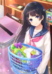 Rule 34 | 1girl, basket, black hair, blue eyes, blue sailor collar, blue skirt, blush, closed mouth, collarbone, commentary request, hair ornament, hairclip, head tilt, highres, holding, holding basket, laundry, laundry basket, long hair, long sleeves, looking at viewer, mouse (computer), mousepad, mousepad (object), neckerchief, nijisanji, omelet tomato, pink neckerchief, pleated skirt, sailor collar, school uniform, serafuku, shirt, skirt, smile, solo, sparkle, top-load washing machine, tsukino mito, very long hair, virtual youtuber, washing machine, white shirt