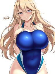 Rule 34 | 1girl, blonde hair, blue eyes, blue one-piece swimsuit, blush, breasts, cleavage, competition swimsuit, covered navel, cowboy shot, hair between eyes, highres, iowa (kancolle), kantai collection, large breasts, long hair, looking at viewer, montemasa, one-piece swimsuit, simple background, smile, solo, star-shaped pupils, star (symbol), swimsuit, symbol-shaped pupils, twitter username, two-tone swimsuit, white background