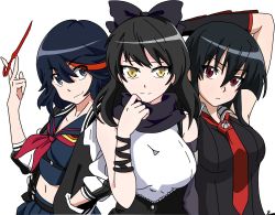 Rule 34 | 3girls, akame (akame ga kill!), akame ga kill!, arm guards, arm up, black bow, black hair, black socks, blake belladonna, blue eyes, bow, breasts, breasts apart, closed mouth, crossover, female focus, fingerless gloves, floating hair, from above, garter straps, gloves, hair bow, hand in pocket, hand up, highres, kill la kill, kneehighs, long hair, looking at viewer, matoi ryuuko, midriff, multicolored hair, multiple girls, navel, necktie, parted lips, pigeon-toed, pleated skirt, red eyes, red hair, reverse grip, rwby, school uniform, serafuku, serious, shoes, short hair, shorts, simple background, skirt, sleeveless, sleeves pushed up, smile, socks, stomach, streaked hair, thighhighs, two-tone hair, uniform, white background, yellow eyes