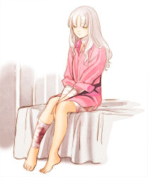 Rule 34 | 1girl, bad id, bad pixiv id, bandages, bandages, barefoot, bed, blood, bloody bandages, caren hortensia, fate/hollow ataraxia, fate (series), feet, injury, jitome, long hair, sitting, solo, taa (acid), white hair, yellow eyes