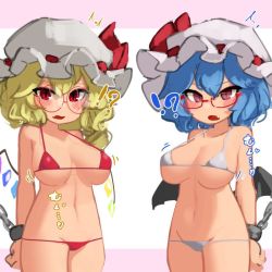 Rule 34 | !?, 2girls, alternate costume, bat wings, bespectacled, bikini, blonde hair, blue hair, blush, breast expansion, breasts, chain, cowboy shot, cuffs, fang, flandre scarlet, glasses, groin, halterneck, handcuffs, hat, hat ribbon, large breasts, looking at viewer, mob cap, multiple girls, navel, open mouth, ponytail, red bikini, red eyes, remilia scarlet, ribbon, short hair, side ponytail, simple background, sound effects, standing, strap gap, swimsuit, touhou, white bikini, wings, zakozako y