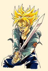 Rule 34 | 1boy, black shirt, blonde hair, blue eyes, capsule corp, commentary, denim, denim jacket, dragon ball, dragonball z, fighting stance, frown, highres, holding, holding sword, holding weapon, jacket, jeans, lee (dragon garou), male focus, open mouth, pants, shirt, simple background, solo, spiked hair, super saiyan, super saiyan 1, sword, teeth, trunks (dragon ball), trunks (future) (dragon ball), upper body, weapon, white background