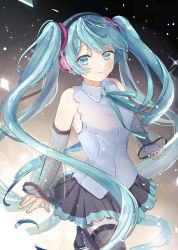 Rule 34 | 1girl, black hairband, black skirt, blue eyes, blue hair, blue ribbon, closed mouth, detached sleeves, floating hair, grey sleeves, grey thighhighs, hairband, hatsune miku, hatsune miku (nt), headphones, highres, long hair, long sleeves, looking at viewer, miniskirt, neck ribbon, otbgi, pleated skirt, ribbon, shirt, skirt, sleeveless, sleeveless shirt, smile, solo, standing, standing on one leg, thighhighs, twintails, very long hair, vocaloid, white shirt, zettai ryouiki