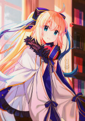 Rule 34 | 1girl, absurdres, ahoge, aro 1801, black gloves, blonde hair, blue eyes, bookshelf, box, cape, fate/grand order, fate (series), fur-trimmed cape, fur trim, gloves, heart, heart-shaped box, highres, long hair, ponytail, smile, tonelico (fate), tonelico (second ascension) (fate), wide sleeves