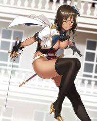 Rule 34 | 1girl, aiguillette, ascot, belt, black gloves, black thighhighs, boots, breasts, brooch, brown hair, cleavage, cropped jacket, gloves, hat, high heel boots, high heels, highleg, highleg leotard, highres, houtengeki, jewelry, large breasts, leaning forward, leg up, leotard, mini hat, original, rapier, sheath, smile, solo, sword, thigh boots, thighhighs, weapon, yellow eyes