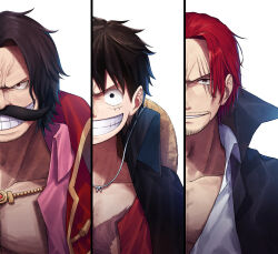 Rule 34 | 3boys, bashauma (bashaumaop), black eyes, black hair, black jacket, brown eyes, collarbone, collared jacket, collared shirt, commentary request, facial hair, facial scar, gol d. roger, grin, hat, highres, jacket, jewelry, looking at viewer, male focus, monkey d. luffy, multiple boys, mustache, necklace, one piece, open clothes, open jacket, open shirt, parted bangs, pink shirt, red eyes, red hair, scar, scar across eye, scar on cheek, scar on face, shanks (one piece), shirt, short hair, simple background, smile, straw hat, stubble, teeth, v-shaped eyebrows, veins, white background, white shirt, wing collar