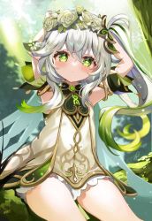 Rule 34 | 1girl, :o, arms up, blurry, blurry background, blush, cowboy shot, dress, flower, genshin impact, green eyes, green hair, hair between eyes, hair flower, hair ornament, highres, long hair, looking at viewer, multicolored hair, nahida (genshin impact), parted lips, rose, satoupote, short dress, side ponytail, sidelocks, sleeveless, sleeveless dress, solo, thighs, two-tone hair, white dress, white flower, white hair, white rose