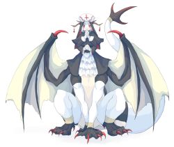 Rule 34 | 1girl, 4138, capelet, claws, cross, dragon girl, dragon horns, dragon wings, extra arms, female focus, frills, full body, gloves, habit, hat, highres, horn ornament, horns, inverted cross, monster girl, original, own hands clasped, own hands together, red eyes, simple background, sitting, solo, taur, white background, white legwear, wings