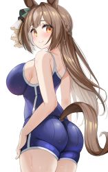 Rule 34 | 1girl, animal ears, ass, blue one-piece swimsuit, blush, braid, breasts, brown hair, commentary request, competition school swimsuit, female focus, french braid, from side, hair intakes, hair ribbon, half updo, hand on own thigh, highres, horse ears, horse girl, horse tail, kibihimi, large breasts, long hair, looking at viewer, looking to the side, one-piece swimsuit, ribbon, satono diamond (umamusume), school swimsuit, sideboob, simple background, skin tight, solo, swimsuit, tail, thighs, umamusume, white background, yellow eyes
