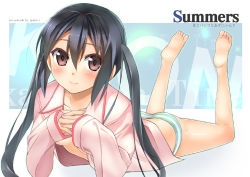 Rule 34 | 1girl, barefoot, black hair, bottomless, brown eyes, feet, k-on!, legs up, long hair, lying, macchaume, nakano azusa, on stomach, open clothes, open shirt, own hands clasped, own hands together, pajamas, panties, shirt, soles, solo, striped clothes, striped panties, the pose, toes, twintails, underwear