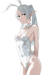 Rule 34 | animal ears, arms behind back, bow, bowtie, covered navel, detached collar, drop earrings, earrings, elf, fake animal ears, fake tail, frieren, green eyes, grey hair, highleg, highleg leotard, highres, jewelry, leotard, long hair, looking at viewer, parted bangs, parted lips, playboy bunny, pointy ears, rabbit ears, rabbit tail, raberu ruru, solo, sousou no frieren, strapless, strapless leotard, tail, twintails, white background, white bow, white bowtie