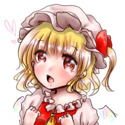 Rule 34 | 1girl, ascot, blonde hair, fang, flandre scarlet, hat, heart, lowres, medium hair, mob cap, one side up, open mouth, red eyes, red vest, sacchan happy, shirt, simple background, skin fang, solo, touhou, upper body, vest, white background, white hat, white shirt, wings, yellow ascot
