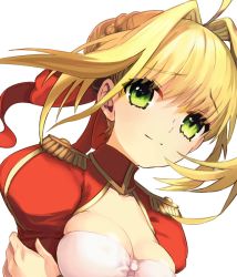 Rule 34 | 10s, 1girl, ahoge, artoria pendragon (all), artoria pendragon (fate), blonde hair, breasts, cleavage, dh ead, dress, epaulettes, fate/extra, fate (series), green eyes, hair intakes, hair ribbon, nero claudius (fate), nero claudius (fate) (all), nero claudius (fate/extra), official style, ribbon, saber (fate), solo