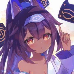Rule 34 | 1girl, animal ears, artist name, blue hairband, blue scrunchie, blush, breasts, cleavage, dark-skinned female, dark skin, fake animal ears, female focus, floating, floating object, frilled kimono, frilled sleeves, frills, hair ornament, hair scrunchie, hairband, hairclip, hand up, high ponytail, index finger raised, japanese clothes, kimono, light particles, long hair, long sleeves, looking at viewer, nephtim (world flipper), off shoulder, official alternate costume, open mouth, orange eyes, osakilo, purple hair, purple kimono, scrunchie, sidelocks, signature, small breasts, solo, white background, world flipper