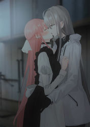 Rule 34 | 2girls, apron, black dress, black gloves, black shirt, blurry, blurry background, blush, chihuri, collared shirt, depth of field, drawstring, dress, ear blush, ear piercing, earrings, facing another, french kiss, gloves, grey hair, greyscale, hair between eyes, hair ribbon, highres, jacket, jewelry, juliet sleeves, kiss, long sleeves, looking at another, monochrome, multiple girls, open clothes, open jacket, original, piercing, pink hair, profile, puffy sleeves, ribbon, shirt, sleeveless, sleeveless dress, stud earrings, waist apron, white apron, white jacket, white ribbon, white shirt, yana (chihuri), yuri, zoya petrovna vecheslova