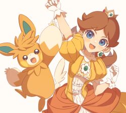 Rule 34 | 1girl, :d, arm up, blue eyes, blush, brown eyes, brown hair, clenched hand, commentary request, creatures (company), crown, dress, earrings, eyelashes, flower earrings, frills, game freak, gem, gloves, hand up, jewelry, looking at viewer, mario (series), medium hair, mini crown, miri (cherryjelly), nintendo, open mouth, orange dress, parted bangs, pawmot, pokemon, pokemon (creature), princess daisy, puffy short sleeves, puffy sleeves, short sleeves, simple background, smile, upper body, white background, white gloves