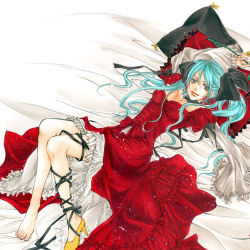Rule 34 | 1girl, aqua eyes, aqua hair, artist request, breasts, dress, feet, female focus, flower, frilled pillow, frills, hair ribbon, hatsune miku, legs, lips, long hair, lying, marker (medium), medium breasts, on back, pillow, red dress, ribbon, rose, shoes, single shoe, smile, solo, traditional media, twintails, vocaloid, world is mine (vocaloid)