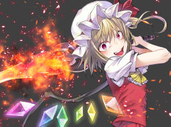 Rule 34 | 1girl, ascot, bad id, bad pixiv id, blonde hair, commentary request, fang, fire, flandre scarlet, grey background, hands up, hat, hat ribbon, highres, holding, holding sword, holding weapon, laevatein, long hair, looking at viewer, mob cap, open mouth, red eyes, red ribbon, ribbon, shiori (moechin), short sleeves, simple background, smile, solo, sword, teeth, touhou, upper body, vest, weapon, white hat, wings, yellow ascot