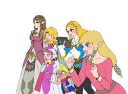Rule 34 | 6+girls, bandana, blonde hair, blush, clenched hands, dress, empty eyes, closed eyes, gaijin 4koma (meme), hair tubes, hand to own mouth, laughing, long hair, meme, multiple girls, multiple persona, nintendo, open mouth, own hands together, pants, pointing, pointy ears, princess zelda, sheikah slate, shirt, short hair, sidelocks, simple background, smile, taking picture, tetra, the legend of zelda, the legend of zelda: a link between worlds, the legend of zelda: breath of the wild, the legend of zelda: ocarina of time, the legend of zelda: skyward sword, the legend of zelda: the wind waker, the legend of zelda: twilight princess, tiara, usushira, white background, young zelda