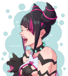 Rule 34 | 1girl, artist name, bare shoulders, black cat, black collar, black fur, black hair, blue background, body markings, breasts, cat, closed eyes, collar, diagonal bangs, drill hair, fangs, hair horns, han juri, hepu2rabbits (epuusa), highres, medium breasts, medium hair, multicolored hair, open mouth, pink hair, snout, spiked collar, spikes, squeans, streaked hair, street fighter, street fighter 6, teeth, tongue, tongue out, twin drills, twitter username, two-tone background, upper body, whiskers, white background, yawning