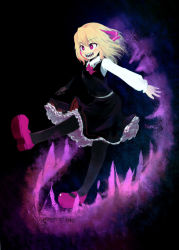 Rule 34 | 1girl, :d, arms up, ascot, beads, black pantyhose, black skirt, black vest, blonde hair, blush, breasts, bright pupils, commentary request, dark background, darkness, floating hair, full body, hair ribbon, highres, lace trim, leg up, long sleeves, looking ahead, mary janes, open mouth, pantyhose, perspective, petticoat, puffy sleeves, red ascot, red eyes, red footwear, red ribbon, ribbon, rumia, sharp teeth, shoes, short hair, simple background, skirt, small breasts, smile, solo, standing, standing on one leg, suisa (mizsai), teeth, touhou, vest, white pupils