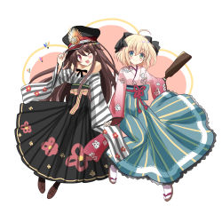 Rule 34 | 2girls, ;d, ahoge, black bow, black hakama, black headwear, blonde hair, blue hakama, boots, bow, brown footwear, brown hair, closed mouth, cross-laced footwear, family crest, fate/grand order, fate (series), green eyes, hagoita, hair between eyes, hair bow, hakama, hakama skirt, hand on headwear, hand up, hat, highres, holding hands, interlocked fingers, japanese clothes, kimono, koha-ace, lace-up boots, long hair, long sleeves, looking at viewer, motoi ayumu, multiple girls, oda nobunaga (fate), oda nobunaga (koha-ace), oda uri, okita souji (fate), okita souji (koha-ace), one eye closed, open mouth, paddle, peaked cap, pink kimono, red eyes, sandals, skirt, sleeves past wrists, smile, socks, striped clothes, striped kimono, tabi, very long hair, white legwear, wide sleeves, zouri