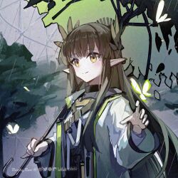 Rule 34 | 1girl, arknights, black skirt, brown eyes, brown hair, bug, butterfly, closed mouth, green umbrella, high-waist skirt, highres, holding, holding umbrella, insect, jacket, long hair, long sleeves, looking at viewer, muelsyse (arknights), open clothes, open jacket, pointy ears, rockyroo, shirt, skirt, smile, solo, tree, umbrella, upper body, very long hair, white jacket, white shirt