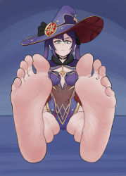 1girl barefoot feet foot_focus genshin_impact hat highres long_hair mona_(genshin_impact) purple_hair sitting soles solo starpermafrost toes twintails witch_hat