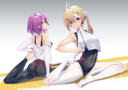 Rule 34 | 2girls, absurdres, antenna hair, armpits, ass, bare arms, bare shoulders, barefoot, black pants, blonde hair, breasts, commentary request, covered navel, crop top, hair ornament, hairclip, highres, large breasts, long hair, long sleeves, looking at viewer, looking away, looking back, multiple girls, off shoulder, original, pants, pantyhose, parted lips, purple eyes, shirt, short hair, side ponytail, sideboob, sitting, sleeveless, sports bra, star (symbol), star hair ornament, stretching, teddy (khanshin), white legwear, white shirt, yellow eyes, yoga pants