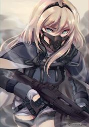 Rule 34 | 1girl, absurdres, an-94, an-94 (girls&#039; frontline), assault rifle, blonde hair, caiman pool, cape, commentary, finger on trigger, framed breasts, gas mask, girls&#039; frontline, gloves, green eyes, gun, highres, holding, holding gun, holding weapon, jacket, long hair, long sleeves, looking at viewer, mask, mouth mask, rifle, sidelocks, solo, trigger discipline, twitter username, weapon