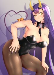 Rule 34 | 1girl, between breasts, black collar, black leotard, black necktie, black pantyhose, breasts, cleavage, collar, commentary, covered navel, demon tail, detached collar, english commentary, food-themed hair ornament, hair ornament, hand on own hip, hand on own knee, highres, horns, indie virtual youtuber, large breasts, leotard, long hair, looking at viewer, nail polish, navel, necktie, necktie between breasts, oni, oni horns, onigiri (vtuber), onigiri hair ornament, ophimon, pantyhose, playboy bunny, purple hair, purple nails, smile, tail, virtual youtuber, yellow eyes