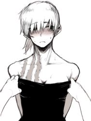 Rule 34 | 1girl, albino, arms behind back, bad id, bad pixiv id, bare shoulders, blush, breasts, cleavage, collarbone, embarrassed, face, greyscale, monochrome, oomori harusame, original, ponytail, pov, red eyes, scar, sketch, solo focus, sweat, undressing, white hair