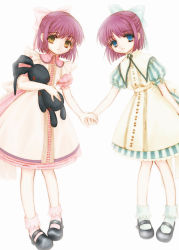 Rule 34 | 00s, 2girls, absurdres, aged down, blue eyes, child, highres, hisui (tsukihime), holding hands, kohaku (tsukihime), mary janes, multiple girls, purple hair, shoes, short hair, siblings, simple background, sisters, standing, stuffed animal, stuffed rabbit, stuffed toy, tsukihime, twins, white background, yellow eyes