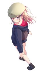 Rule 34 | 1girl, arms at sides, backpack, bag, bare legs, black footwear, blue hoodie, blue shorts, blush, brown bag, brown hair, cabbie hat, commentary, from above, full body, hat, highres, hood, hood down, hoodie, looking at viewer, looking up, na-ga, original, parted lips, ponytail, purple eyes, short shorts, shorts, simple background, solo, walking, white background
