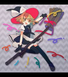 Rule 34 | &gt;:d, + +, 1girl, :d, ahoge, bad id, bad twitter id, bandaid, bandaid on face, black gloves, black thighhighs, blonde hair, blue eyes, bow, bowtie, broom, broom ribbon, collared shirt, confetti, daizu (melon-lemon), gloves, hat, hat bow, highres, kirisame marisa, letterboxed, loafers, looking at viewer, open mouth, ribbon, shirt, shoes, short hair, skirt, smile, solo, teeth, thighhighs, touhou, v-shaped eyebrows, vest, witch hat, zettai ryouiki