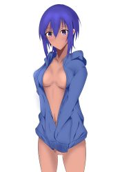 Rule 34 | 1girl, bad id, bad pixiv id, blue hair, blush, breasts, cleavage, dark-skinned female, dark skin, fate/grand order, fate/prototype, fate/prototype: fragments of blue and silver, fate (series), hassan of serenity (fate), highres, hood, hoodie, naked hoodie, navel, purple eyes, simple background, solo, son5kuuu, thighs, white background
