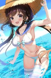 Rule 34 | 1girl, :d, absurdres, bikini, blue sailor collar, blue sky, bow, bow bikini, breasts, brown eyes, brown hair, cleavage, cloud, collarbone, commentary request, day, gluteal fold, hair ribbon, hand on headwear, hat, highres, horizon, long hair, looking at viewer, medium breasts, monmo mu, navel, ocean, open mouth, original, outdoors, revision, ribbon, sailor bikini, sailor collar, sidelocks, sky, smile, solo, standing, stomach, straw hat, striped bikini, striped clothes, striped thighhighs, swimsuit, thigh gap, thighhighs, thighs, twintails, wading, white bikini