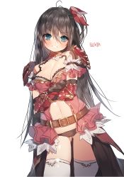 Rule 34 | 1girl, armor, bad id, bad pixiv id, black hair, blue eyes, blush, breasts, cleavage, cleavage cutout, clothing cutout, hair ribbon, long hair, looking at viewer, navel, original, ribbon, side ponytail, simple background, smile, solo, sukja, thighhighs, very long hair, white background, white thighhighs