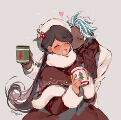 Rule 34 | aqua hair, brown capelet, brown dress, brown scarf, capelet, closed eyes, cocoa cookie, cookie run, cup, dark-skinned female, dark-skinned male, dark skin, dress, fur-trimmed capelet, fur-trimmed dress, fur trim, grey background, hands up, happy, hetero, holding, holding cup, humanization, kiss, kissing cheek, mint choco cookie, mug, multicolored hair, open mouth, sapphire (nine), scarf, simple background, smile, snow, streaked hair, white hair