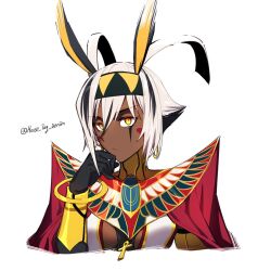 Rule 34 | 1girl, animal ears, ankh, antenna hair, armlet, bandages, black bandages, black hair, bracelet, bracer, breasts, cape, center opening, colored inner hair, dark-skinned female, dark skin, dress, earrings, facepaint, facial mark, fate/grand order, fate (series), gold trim, hairband, highres, hoop earrings, house tag denim, jackal ears, jewelry, looking at viewer, medium breasts, multicolored hair, nitocris (fate), nitocris alter (fate), nitocris alter (second ascension) (fate), pelvic curtain, red cape, short hair, sidelocks, solo, streaked hair, usekh collar, white dress, white hair, yellow eyes