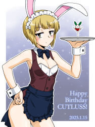 Rule 34 | 1girl, 2023, animal ears, armpits, bare shoulders, black bow, black bowtie, blonde hair, blush, bow, bowtie, breasts, brown eyes, chinese zodiac, closed mouth, cocktail, cocktail glass, cup, cutlass (girls und panzer), dated, drinking glass, fake animal ears, girls und panzer, hand on own hip, happy birthday, leotard, looking at viewer, maid headdress, oosaka kanagawa, playboy bunny, rabbit ears, short hair, sleeveless, small breasts, solo, waitress, year of the rabbit