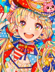 Rule 34 | 1girl, 43 pon, :d, bang dream!, blonde hair, bow, bowtie, colorful, commentary, earrings, frills, hair bow, hat, highres, holding, jacket, jewelry, long hair, looking at viewer, mismatched earrings, open mouth, pennant, polka dot, polka dot bow, red bow, smile, solo, string of flags, tsurumaki kokoro, twintails, upper body, yellow eyes