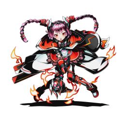 Rule 34 | 10s, 1girl, braid, capelet, divine gate, fire, full body, gloves, hairband, holding, holding weapon, long hair, looking at viewer, official art, open mouth, pink hair, red eyes, red gloves, shadow, solo, transparent background, twin braids, ucmm, weapon