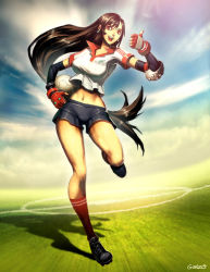 Rule 34 | 1990s (style), 1girl, ball, clothes writing, cloud, day, final fantasy, final fantasy vii, genzoman, gloves, legs, long hair, playing sports, red eyes, retro artstyle, shorts, sky, smile, soccer, soccer ball, solo, thumbs up, tifa lockhart, white soccer ball