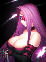 Rule 34 | 1girl, bare shoulders, blindfold, breasts, choker, chromatic aberration, closed mouth, detached sleeves, facial mark, fate/stay night, fate (series), forehead mark, large breasts, long hair, medusa (fate), medusa (rider) (fate), minami koyogi, nameless dagger (fate), profile, purple hair, solo, upper body
