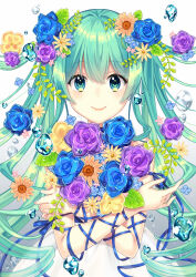 Rule 34 | 1girl, blue eyes, blue flower, blue ribbon, blue rose, bouquet, closed mouth, commentary request, dress, flower, gradient background, green hair, grey background, hair between eyes, hair flower, hair ornament, hatsune miku, highres, kusumoto shizuru, long hair, looking at viewer, purple flower, purple rose, ribbon, rose, smile, solo, twintails, very long hair, vocaloid, water drop, white background, white dress, yellow flower